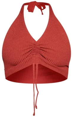 Deep Orange Ruched Channel Halterneck Soft Knit Top