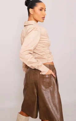 Deep Stone Ruched Front Cropped Shirt