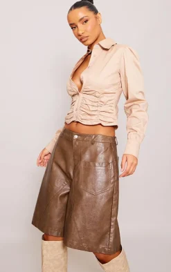 Deep Stone Ruched Front Cropped Shirt
