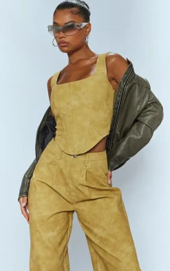 Deep Stone Washed Faux Leather Boned Corset