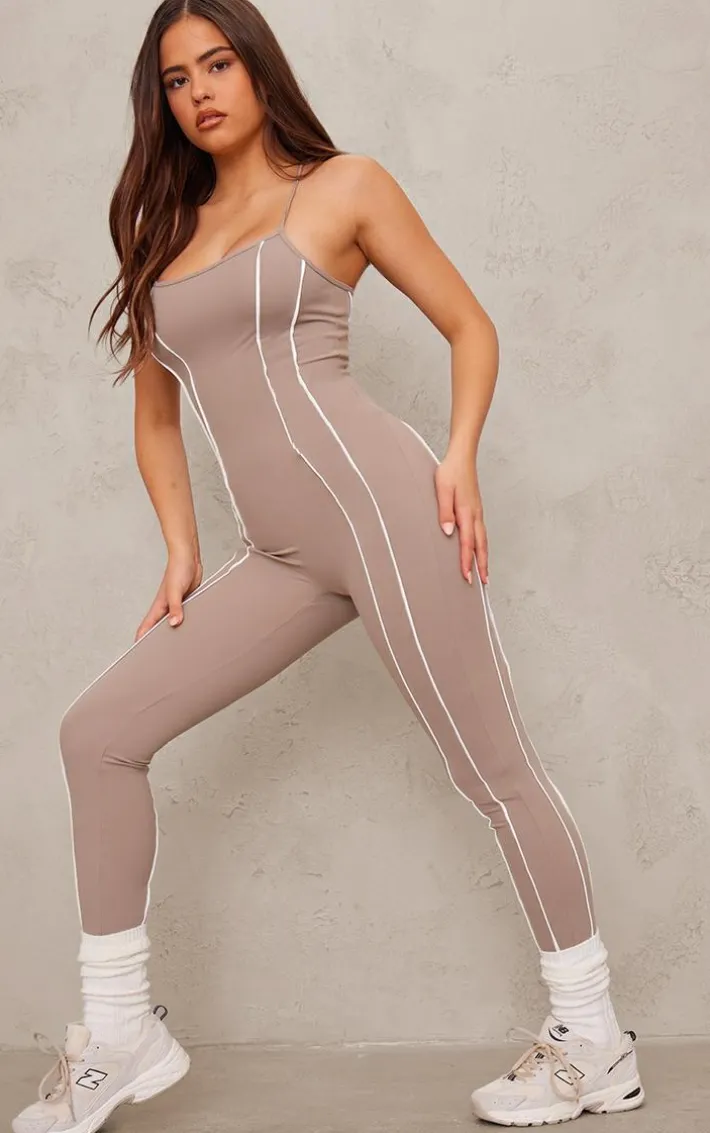 Deep Taupe Sculpt Contrast Seam Strappy Long Unitard