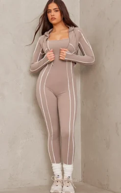Deep Taupe Sculpt Contrast Seam Strappy Long Unitard