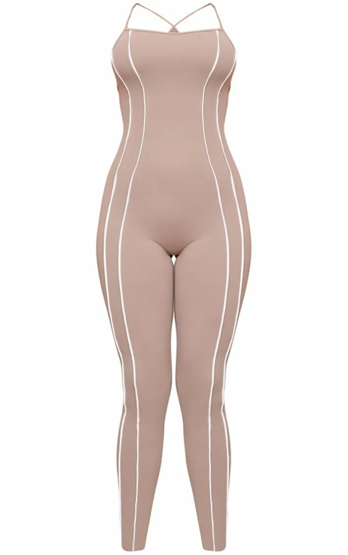 Deep Taupe Sculpt Contrast Seam Strappy Long Unitard