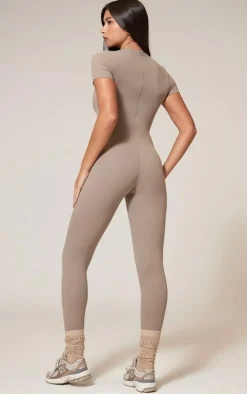 Deep Taupe Sculpt Short Sleeved Unitard