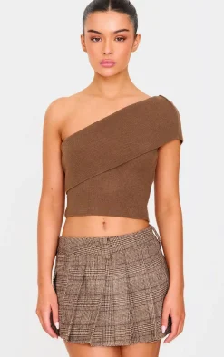 Deep Taupe Soft Rib Knit One Shoulder Fold Over Crop Top