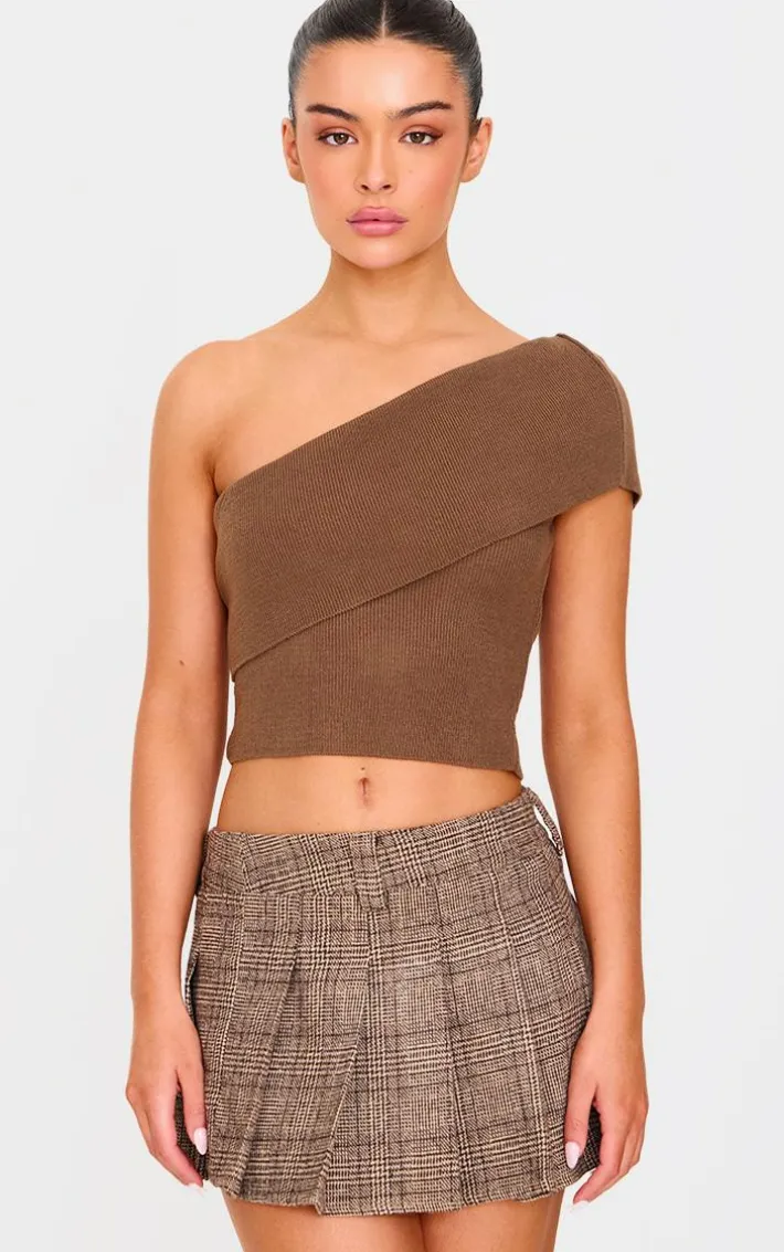 Deep Taupe Soft Rib Knit One Shoulder Fold Over Crop Top