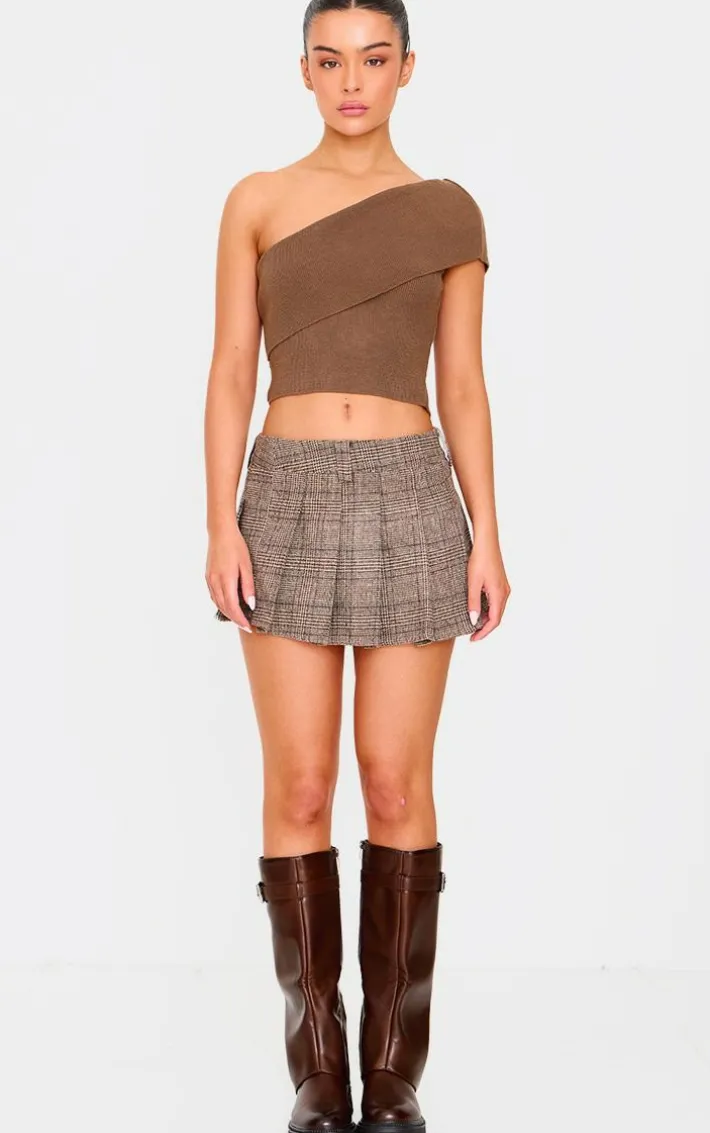 Deep Taupe Soft Rib Knit One Shoulder Fold Over Crop Top