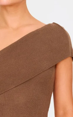 Deep Taupe Soft Rib Knit One Shoulder Fold Over Crop Top