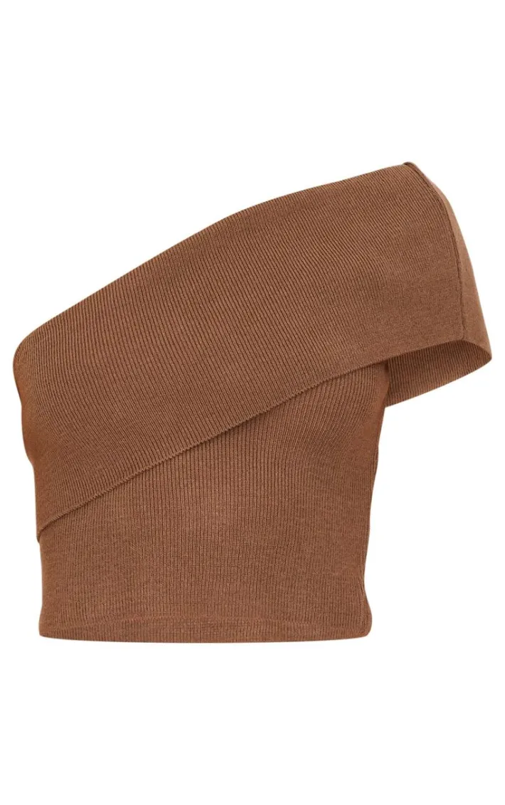 Deep Taupe Soft Rib Knit One Shoulder Fold Over Crop Top