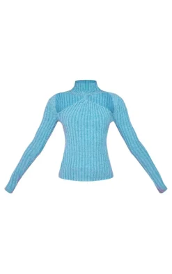 Deep Teal Soft Rib Knit High Neck Cut Out Top