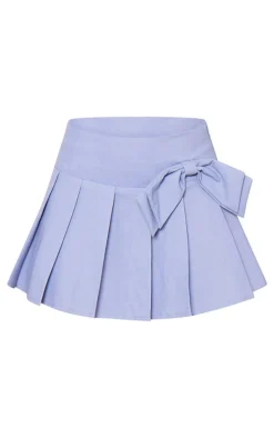 Denim Blue Woven Bow Mid Rise Skater Skirt