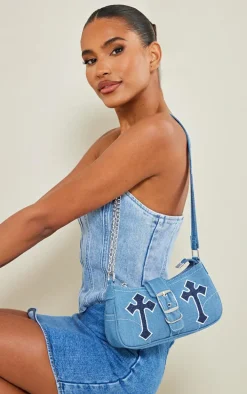 Denim Contrast Stitch Cross Applique Buckle Shoulder Bag