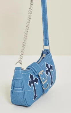 Denim Contrast Stitch Cross Applique Buckle Shoulder Bag