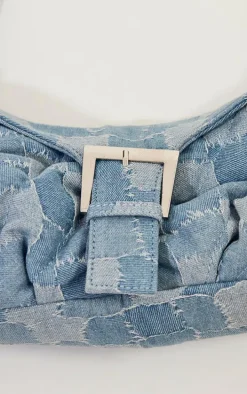 Denim Distressed Patchwork Buckle Shoulder Bag