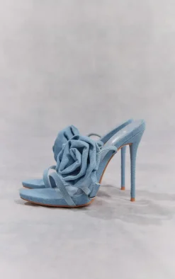 Denim Round Toe Side Rose Detail High Heeled Sandals