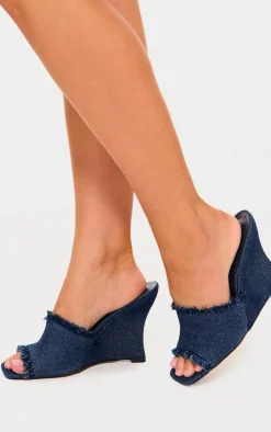 Denim Square Toe Wedge Heeled Sandals