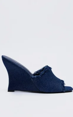 Denim Square Toe Wedge Heeled Sandals