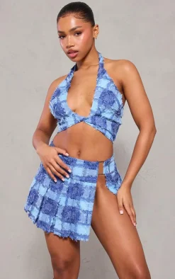 Denim Textured Woven Halterneck Bralet