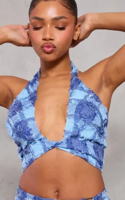 Denim Textured Woven Halterneck Bralet