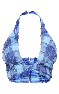 Denim Textured Woven Halterneck Bralet