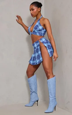 Denim Textured Woven Trim Detail Mini Skirt