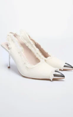 Denim Toe Cap Wide Fit Sling Back High Stiletto Court Heels