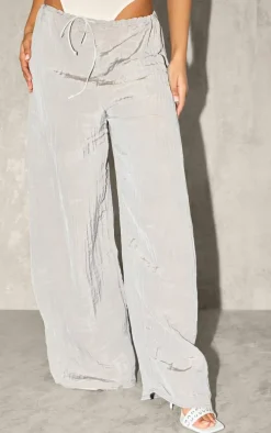 Dove Grey Crinkle Satin Wide Leg Pants