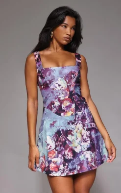 Dusky Blue Floral Corset A Line Shift Dress