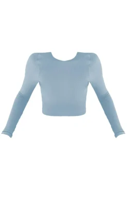 Dusky Blue Snatched Rib Round Neck Long Sleeve Crop Top