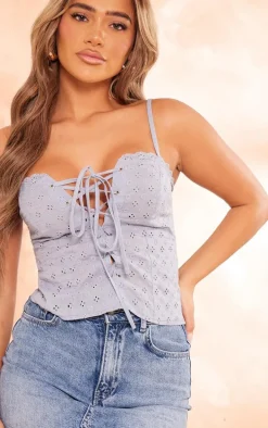 Dusty Blue Broderie Lace Up Front Longline Corset