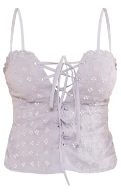 Dusty Blue Broderie Lace Up Front Longline Corset