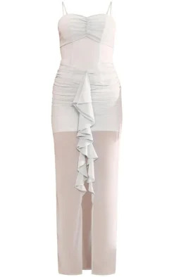 Dusty Blue Chiffon Ruched Draped Front Midaxi Dress