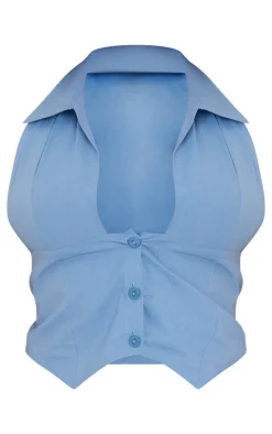 Dusty Blue Cotton Poplin Halterneck Collar Detail Waist Coat