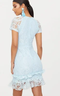 Dusty Blue Frill Hem Lace Bodycon Dress