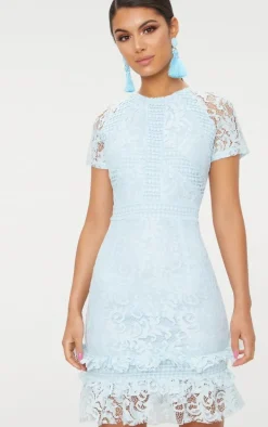 Dusty Blue Frill Hem Lace Bodycon Dress