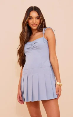Dusty Blue Tailored Woven Ruched Pleated Shift Dress