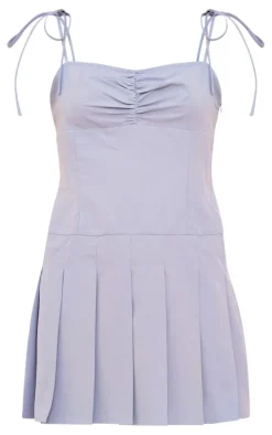 Dusty Blue Tailored Woven Ruched Pleated Shift Dress