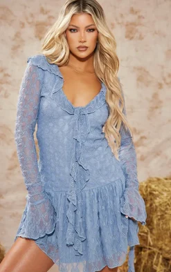 Dusty Blue Textured Lace Up Frill Drape Shift Dress