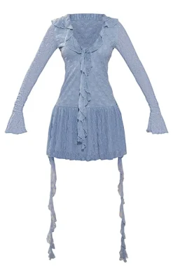 Dusty Blue Textured Lace Up Frill Drape Shift Dress