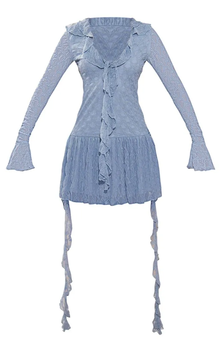 Dusty Blue Textured Lace Up Frill Drape Shift Dress