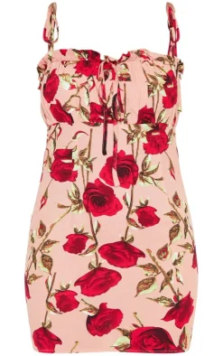 Dusty Pink Rose Printed Ruched Bodice Bodycon Dress