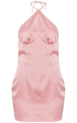 Dusty Pink Satin Seam Detail Backless Halterneck Bodycon Dress