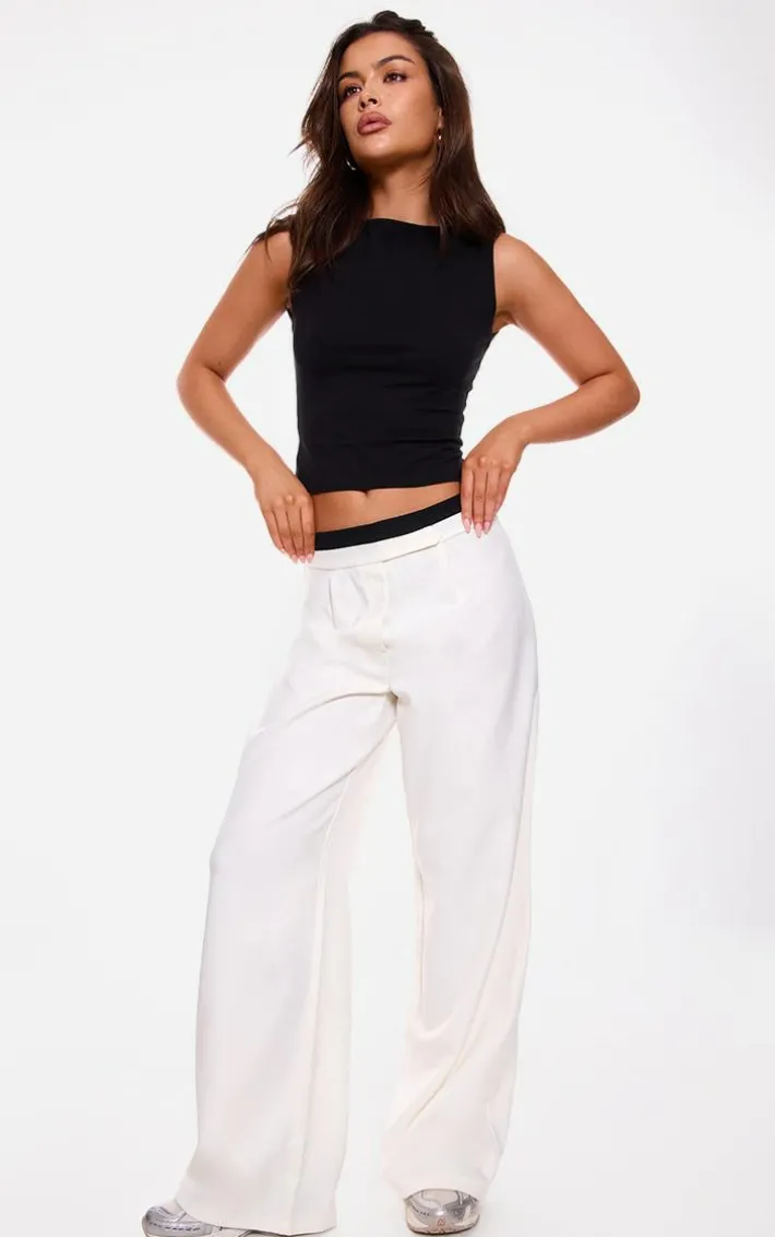 Ecru Contrast Double Waistband Detail Tailored Pants