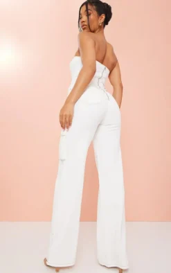 Ecru Contrast Stitch Cargo Pocket Bandeau Denim Jumpsuit