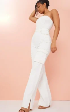 Ecru Contrast Stitch Cargo Pocket Bandeau Denim Jumpsuit