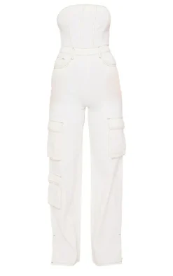Ecru Contrast Stitch Cargo Pocket Bandeau Denim Jumpsuit