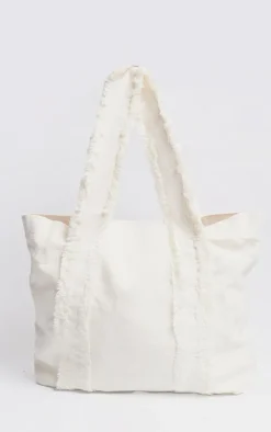 Ecru Denim Frayed Zip Tote Bag
