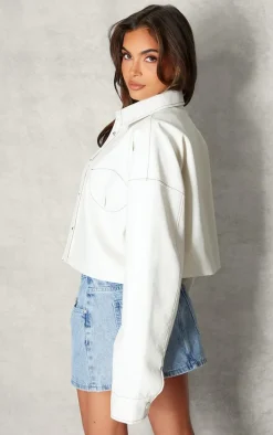 Ecru Faux Leather Cup Stitching Detail Crop Jacket