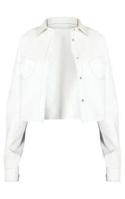 Ecru Faux Leather Cup Stitching Detail Crop Jacket