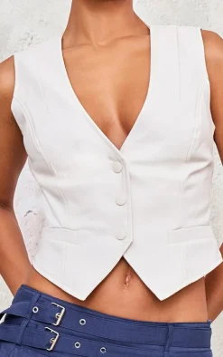 Ecru Faux Leather Fitted Vest